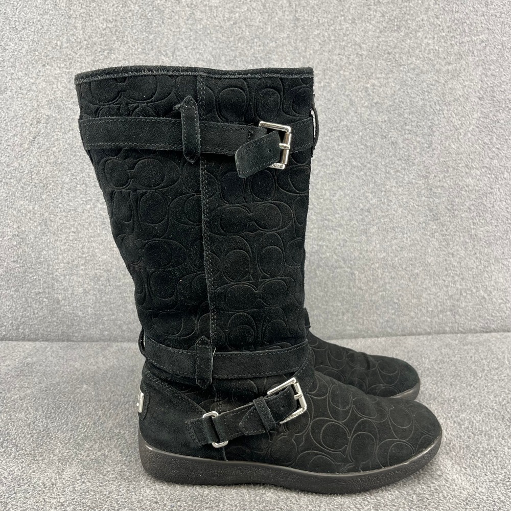 Coach Black Suede‎ Monogram Tall Boots Buckle Detail Women's US 8 B EU 38.5 - Picture 4 of 13